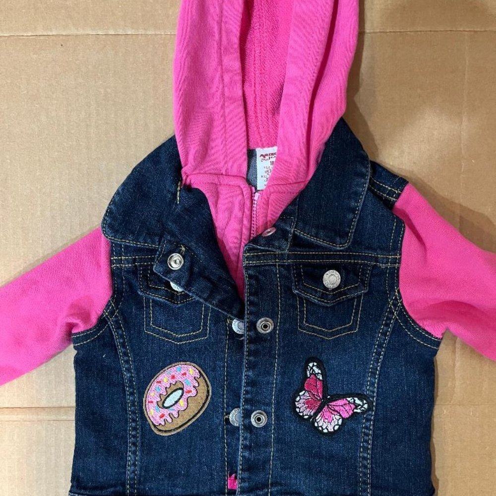 NWOT Infant Girls Pink Thermal Hooded Jean Jacket ,18mo., Patches & Appliques